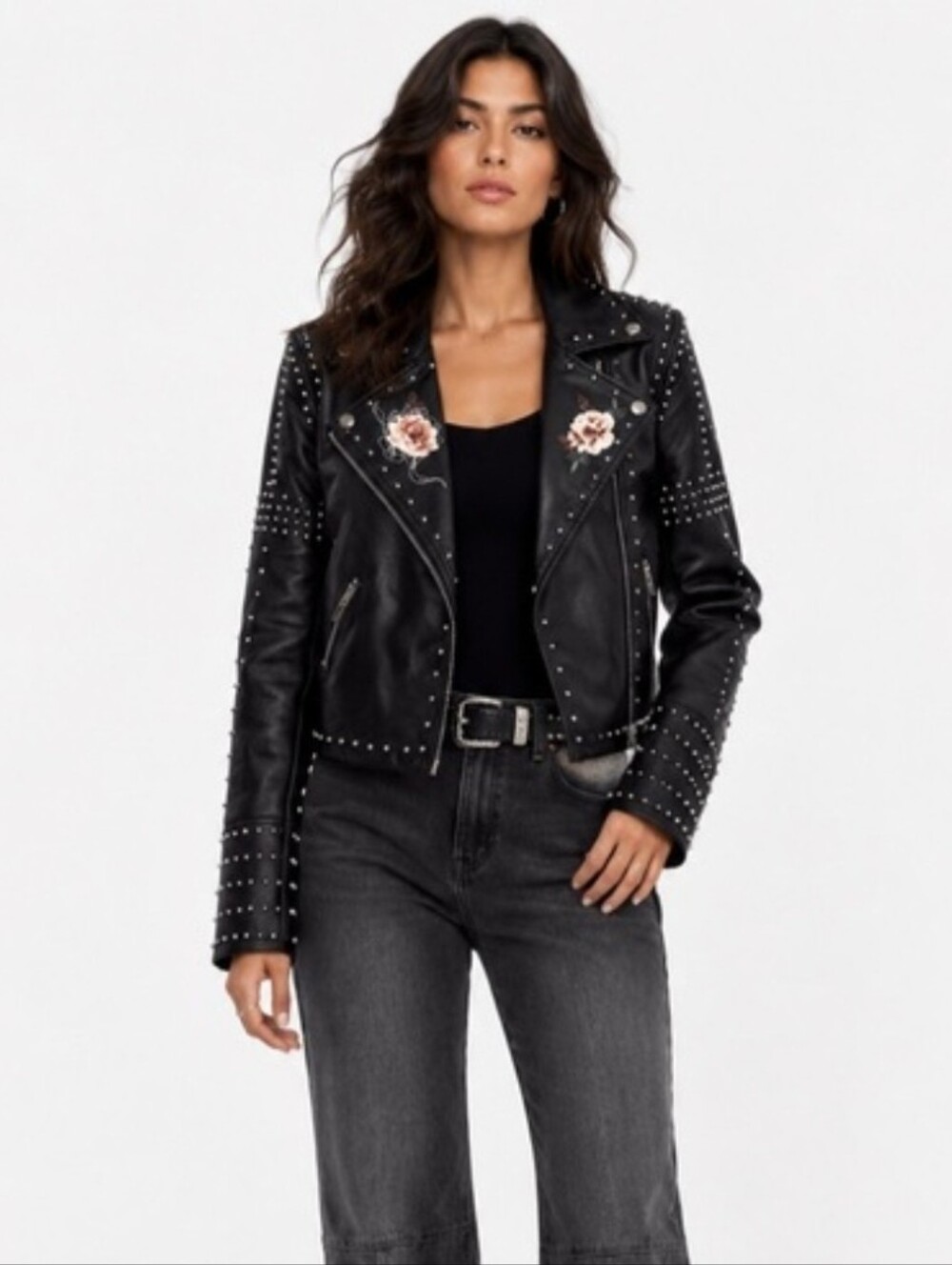 Blank NYC Black Studded Leather Moto Jacket with Pink Floral Embroidery